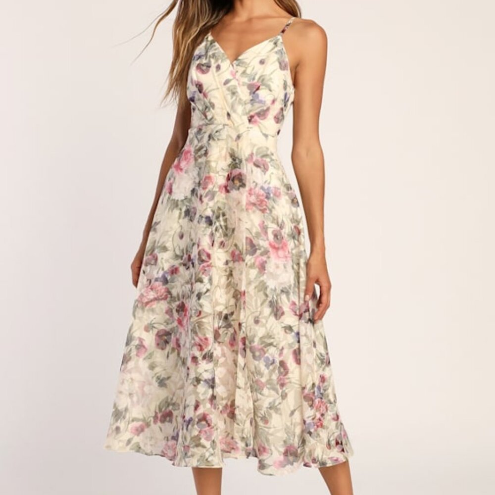 Lulus Sense Of Chic Cream Floral Print Burnout A-line Midi Dress White - Size S